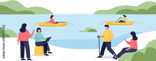 Diverse group enjoying water and outdoor activities by a serene lake, with some on laptops