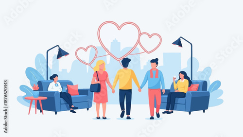 Diverse group connecting, with symbolic hearts and city backdrop, representing relationships and community