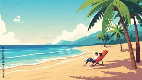 Couple relaxes on a beach chair on a sandy shore with palm trees and ocean