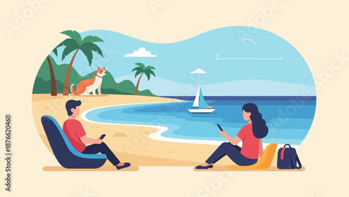 Couple relaxes on beach with dog, checking phones as sailboat glides on blue ocean