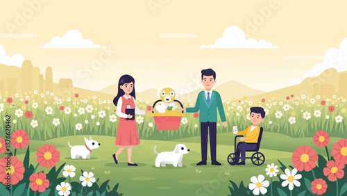 Diverse group enjoys sunny day in a field of flowers with pets and a robot