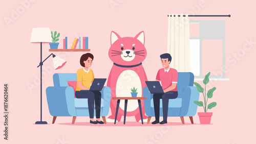 Cozy room with two people working on laptops and a large pink cat mascot