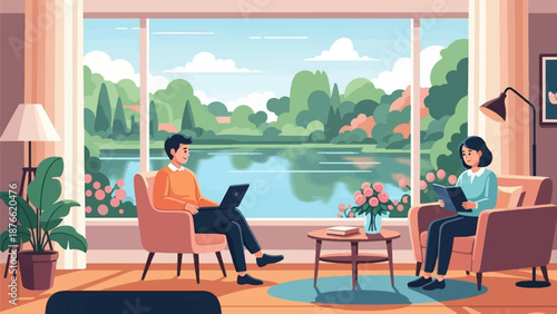 Couple relaxing at home, one on laptop, other reading, with scenic lake view