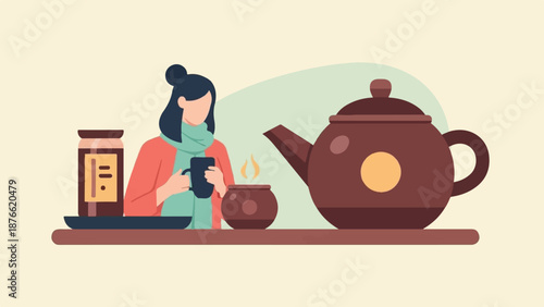 Cozy scene of a person enjoying a warm drink with tea set and jar