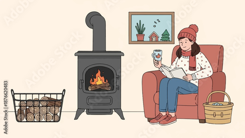 Cozy scene of a person reading by a fireplace with a warm drink