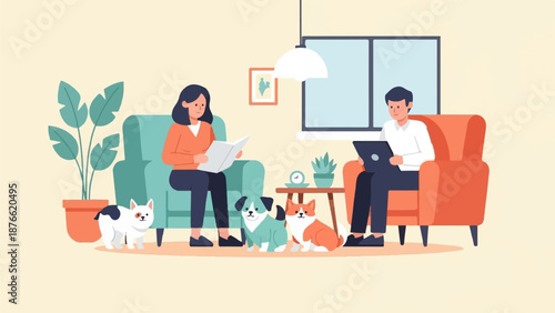 Couple relaxing at home with their pets, one reading, one on laptop