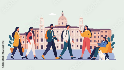 Diverse group of people and a dog stroll past classical architecture under a pale sky