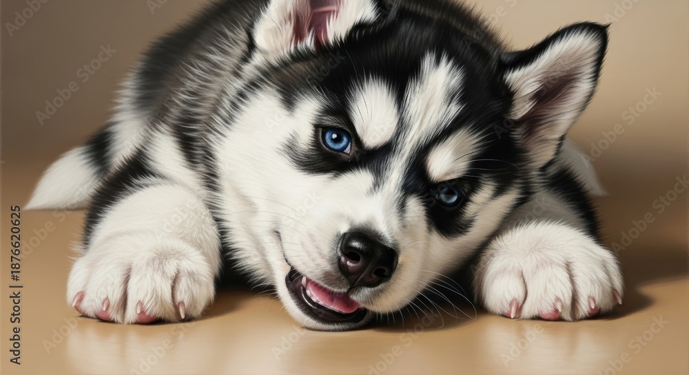 Fototapeta premium Meticulously Detailed Hyperrealistic Oil Painting of a Joyful Black and White Husky Puppy Flat Against the Canvas Museum Quality