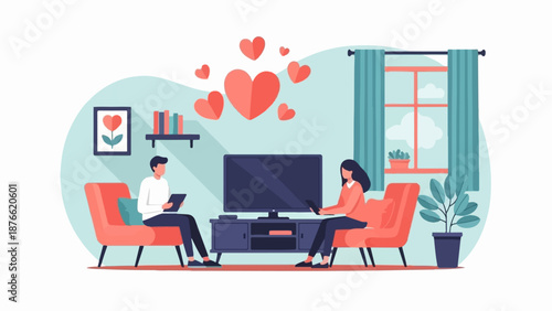 Couple relaxing in living room, watching TV with hearts floating above