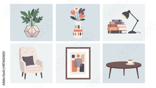 Cozy Home Decor Collection: Plant, Flowers, Books, Armchair, Art, Coffee Table