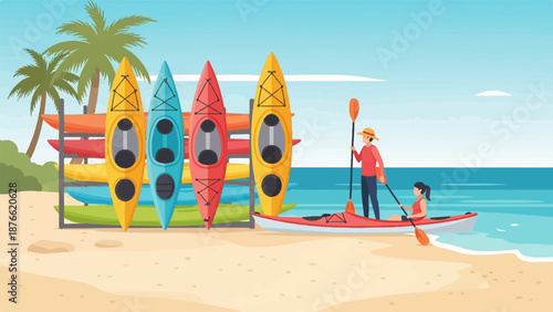 Colorful kayaks rest on a sandy beach as two people prepare for a paddle on a sunny day