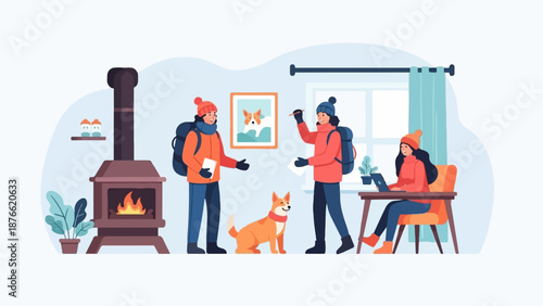 Cozy winter interior with people, dog, and fireplace