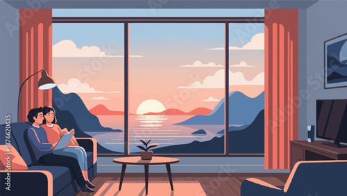 Couple relaxing indoors, watching a tranquil sunset over water and mountains from a large window