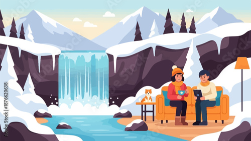 Cozy winter scene with a couple and dog by a waterfall