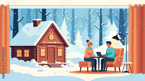 Cozy winter scene with a cabin, snow-covered trees, and a couple using laptops indoors by a window