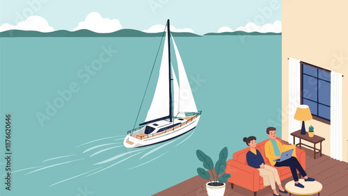 Couple relaxing indoors while a sailboat glides on the tranquil blue water outside