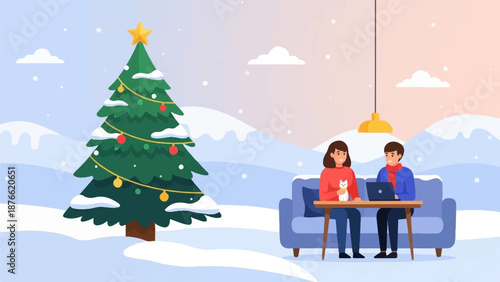 Cozy winter scene with a decorated Christmas tree and a couple working on laptops indoors