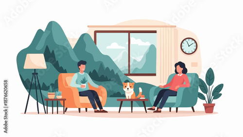Couple relaxing indoors with a dog, framed by a mountain view