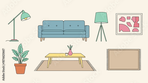 Cozy Living Room Elements: Sofa, Coffee Table, Lamps, Plant, Rug, Art