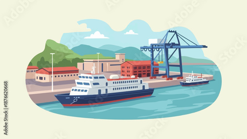 Colorful harbor scene with boats, cranes, and buildings under a cloudy sky