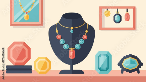 Colorful gemstone necklaces and loose jewels displayed in a store