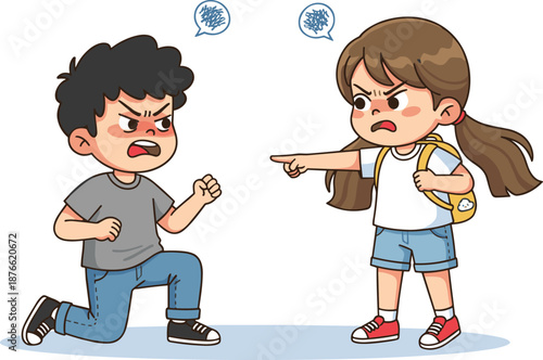 Angry kids arguing illustration showing conflict emotions, upset children disagreement scene, cartoon characters expressing anger and frustration
