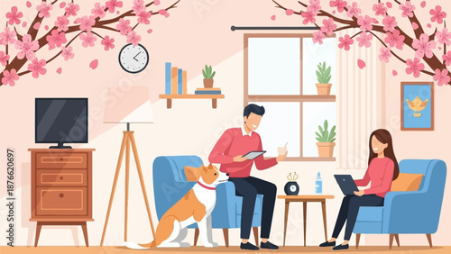 Couple relaxing indoors with pet dog under blooming cherry tree branches