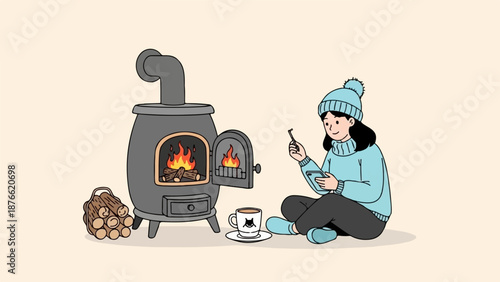 Cozy winter scene with a young person by a warm fireplace enjoying a warm drink and phone