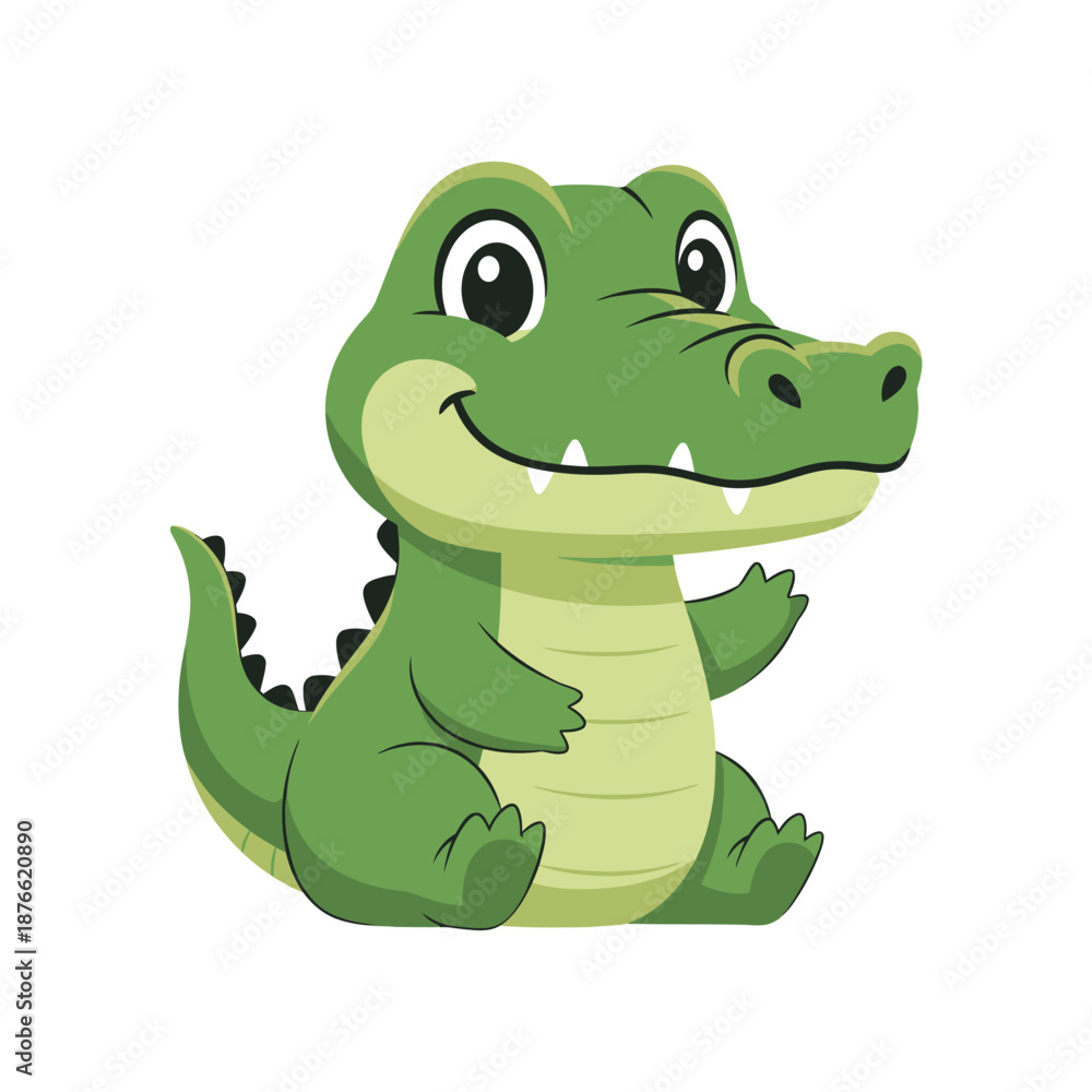 Fototapeta premium Cute Cartoon Alligator Waving Hello, Friendly Green Reptile Character