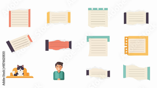 Collection of torn paper notes, a cat on a couch, and a smiling person