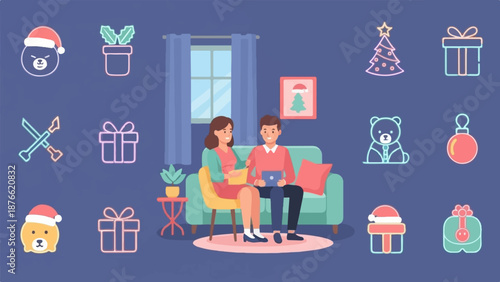 Couple sits on sofa with laptop, surrounded by holiday-themed icons
