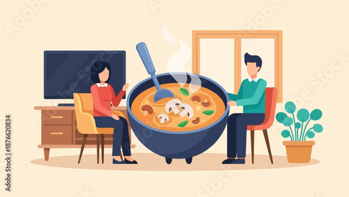 Couple shares a steaming bowl of soup at home, a cozy meal