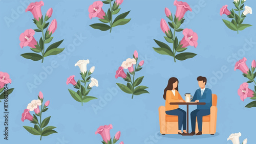 Couple sitting at table with drinks surrounded by floral pattern