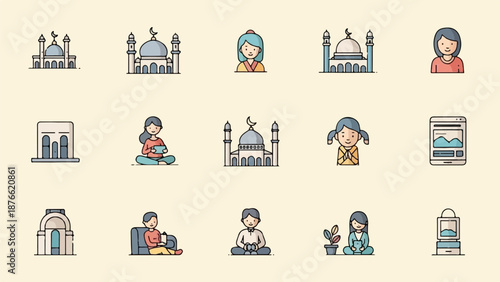 Collection of simple digital icons mosques, people, and a building