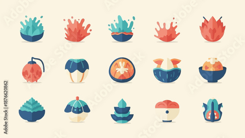 Collection of pixel art icons representing various food items and abstract shapes