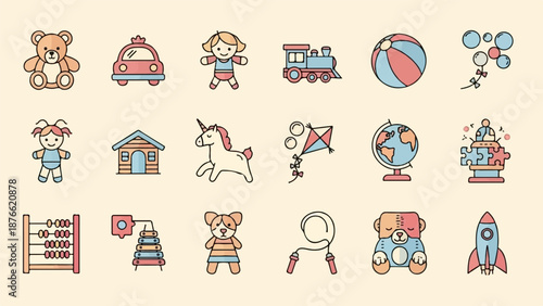 Collection of playful, colorful children's toys including a bear, car, dolls, train, ball, unicorn, kite, globe, puzzle, and rocket