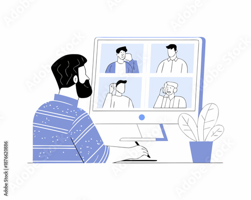 Man working remotely on computer with video call