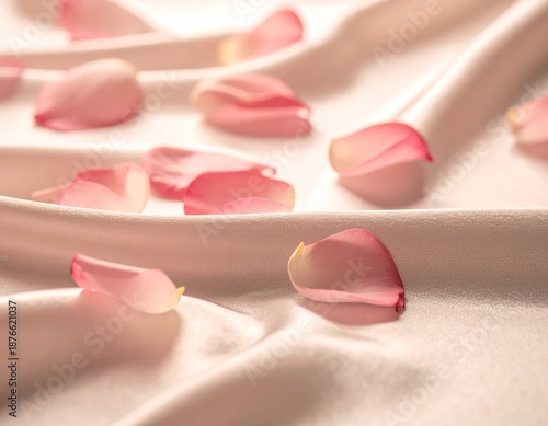 Scattered red rose petals on silky white fabric with warm romantic lighting, luxury Valentine's Day and anniversary concept for greeting and beauty brands