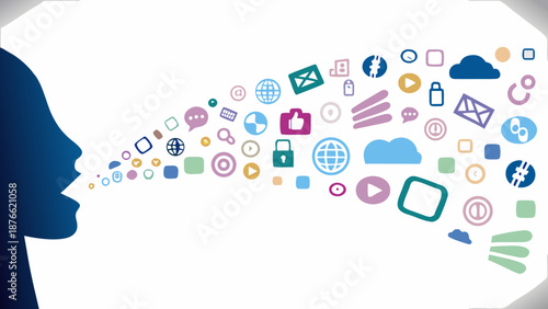 Vibrant digital communication icons emerging from a person's mouth