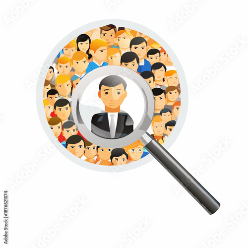 Businessman stands out from crowd under magnifying glass scrutiny