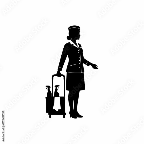 Hotel Housekeeping Maid Silhouette with Cleaning Cart and Supplies