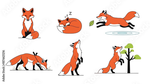 Cute Fox Collection: Various Poses and Actions in Flat Design