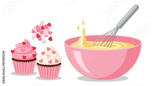 Delicious cupcakes with heart sprinkles next to a whisk stirring yellow batter in a pink bowl, ideal for Valentines Day baking or sweet treat promotions.