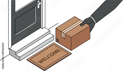 Delivery person placing a brown cardboard package with tape on a welcome mat at the front door steps, perfect for illustrating shipping services or online shopping convenience
