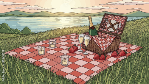 Romantic lakeside picnic setup featuring a checkered blanket, rustic basket, champagne, strawberries, and flickering candles amidst tall green grass, perfect for outdoor leisure or special