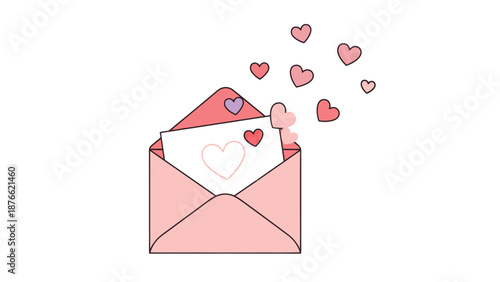 An open pink envelope with a heartfelt letter inside, surrounded by numerous floating pink and reddish hearts, perfect for romantic greeting messages and sentimental graphics.
