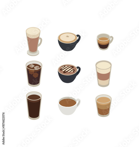 Assortment of coffee drinks illustrated on dark background