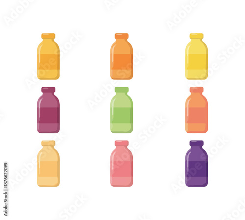 Assortment of freshly squeezed fruit juices in decorative bottles