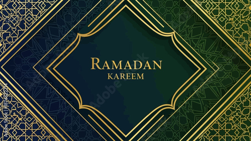 Illustration of a Ramadan Kareem Mubarak background with intricate gold patterns on a dark green and blue gradient, featuring elegant Arabic calligraphy.