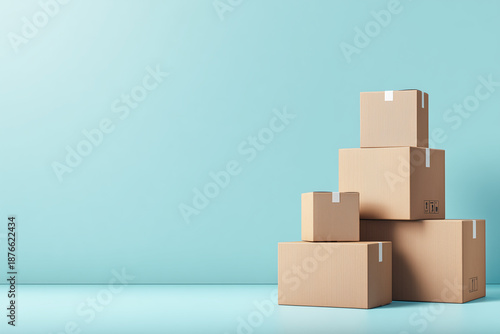 Delivery concept showcasing stacked boxes in a clean setting for e-commerce purposes